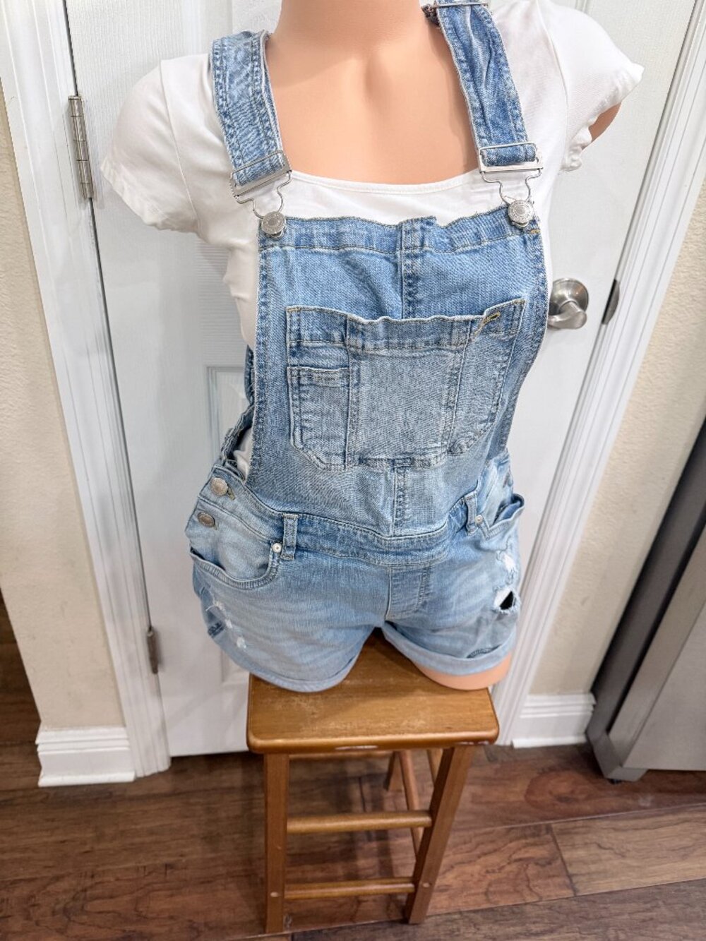 Urban Basics Denim Short Overalls Large Distressed Stretch Jean Shortalls
